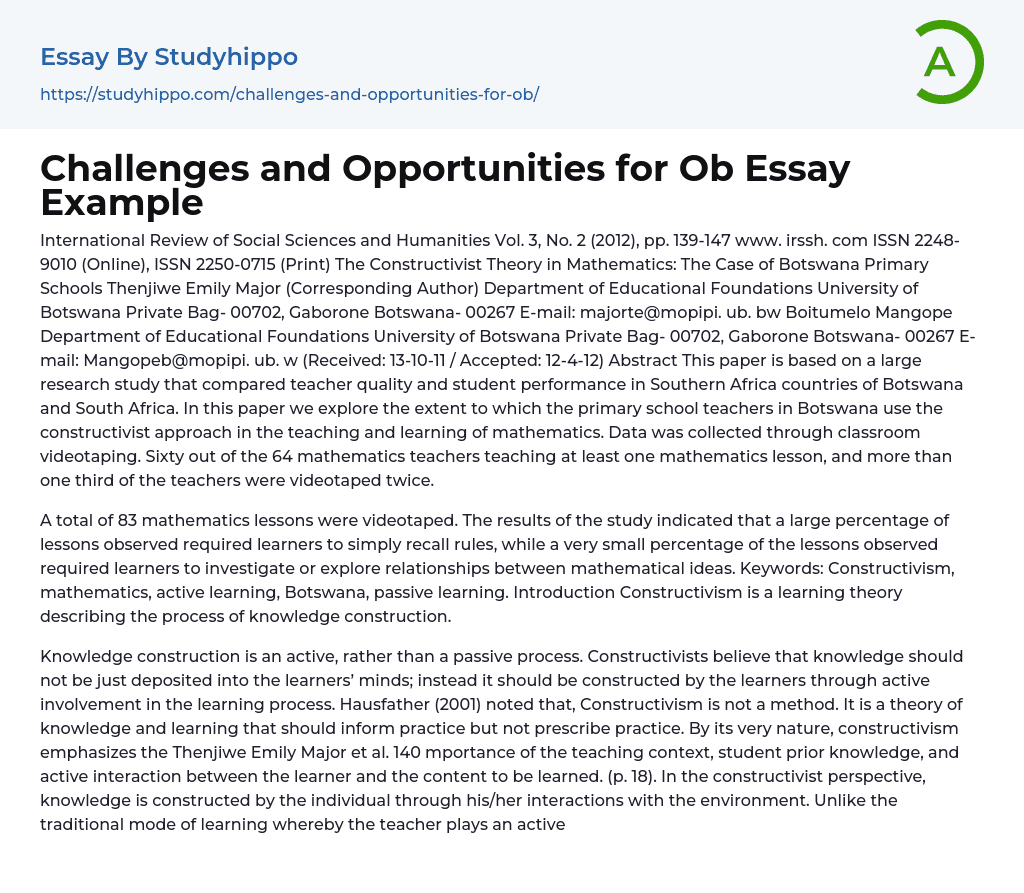 Challenges and Opportunities for Ob Essay Example
