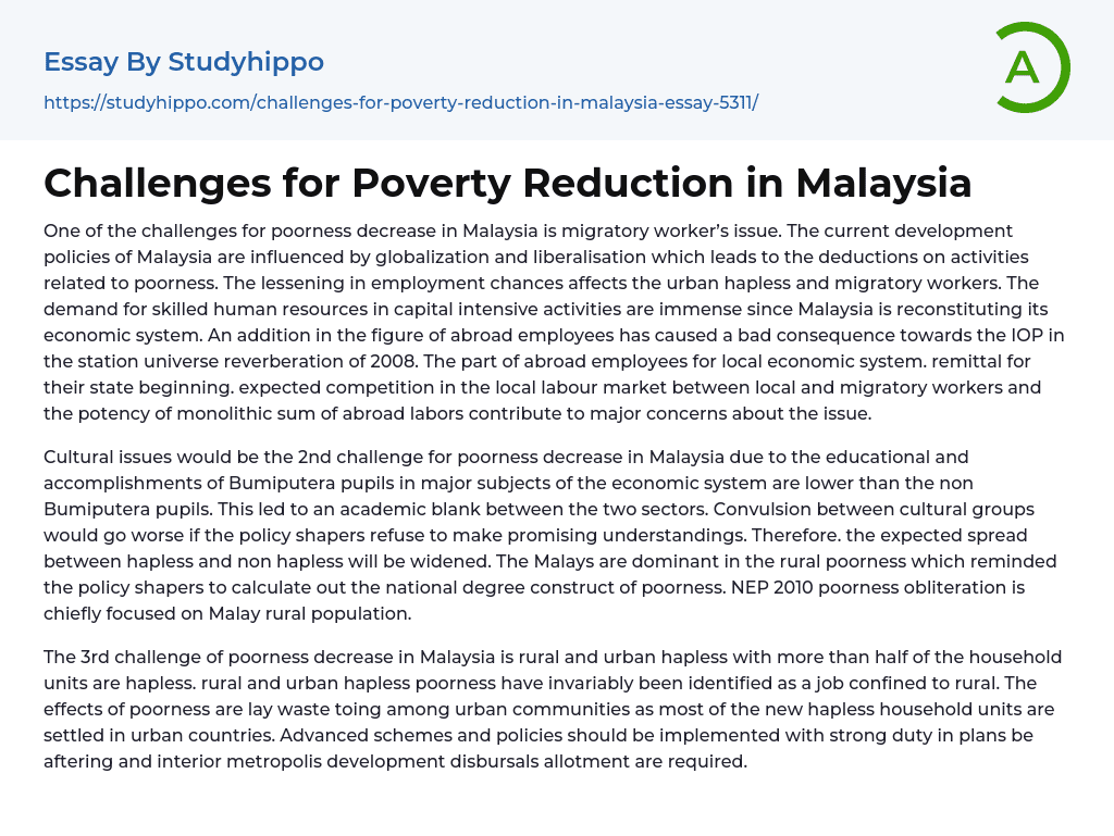 Challenges for Poverty Reduction in Malaysia Essay Example