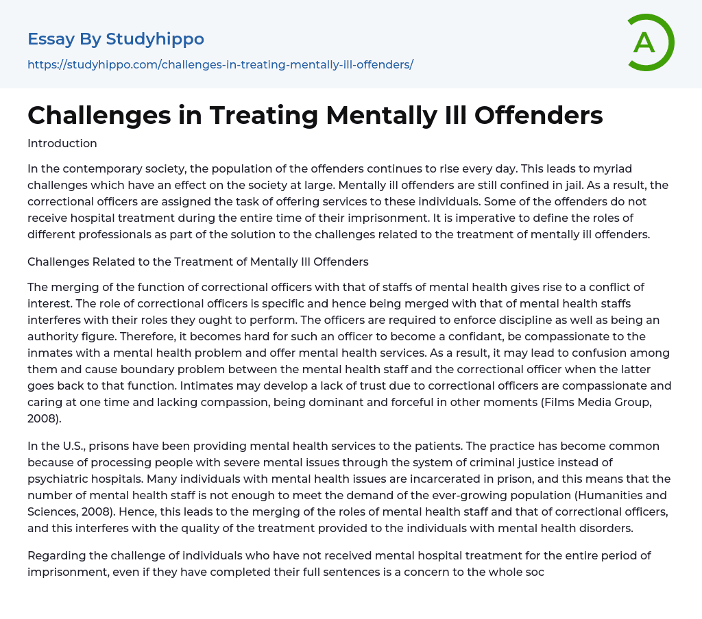 Challenges in Treating Mentally Ill Offenders Essay Example
