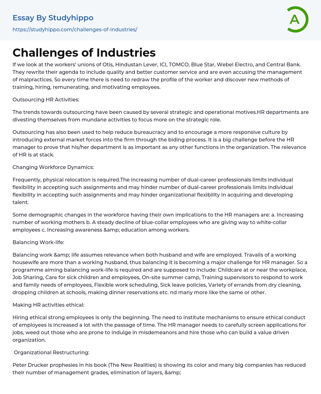 Challenges of Industries Essay Example