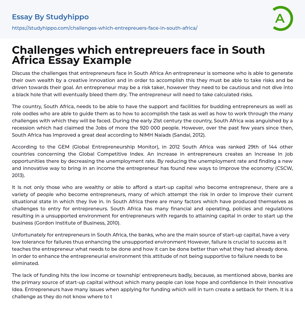 Challenges which entrepreuers face in South Africa Essay Example