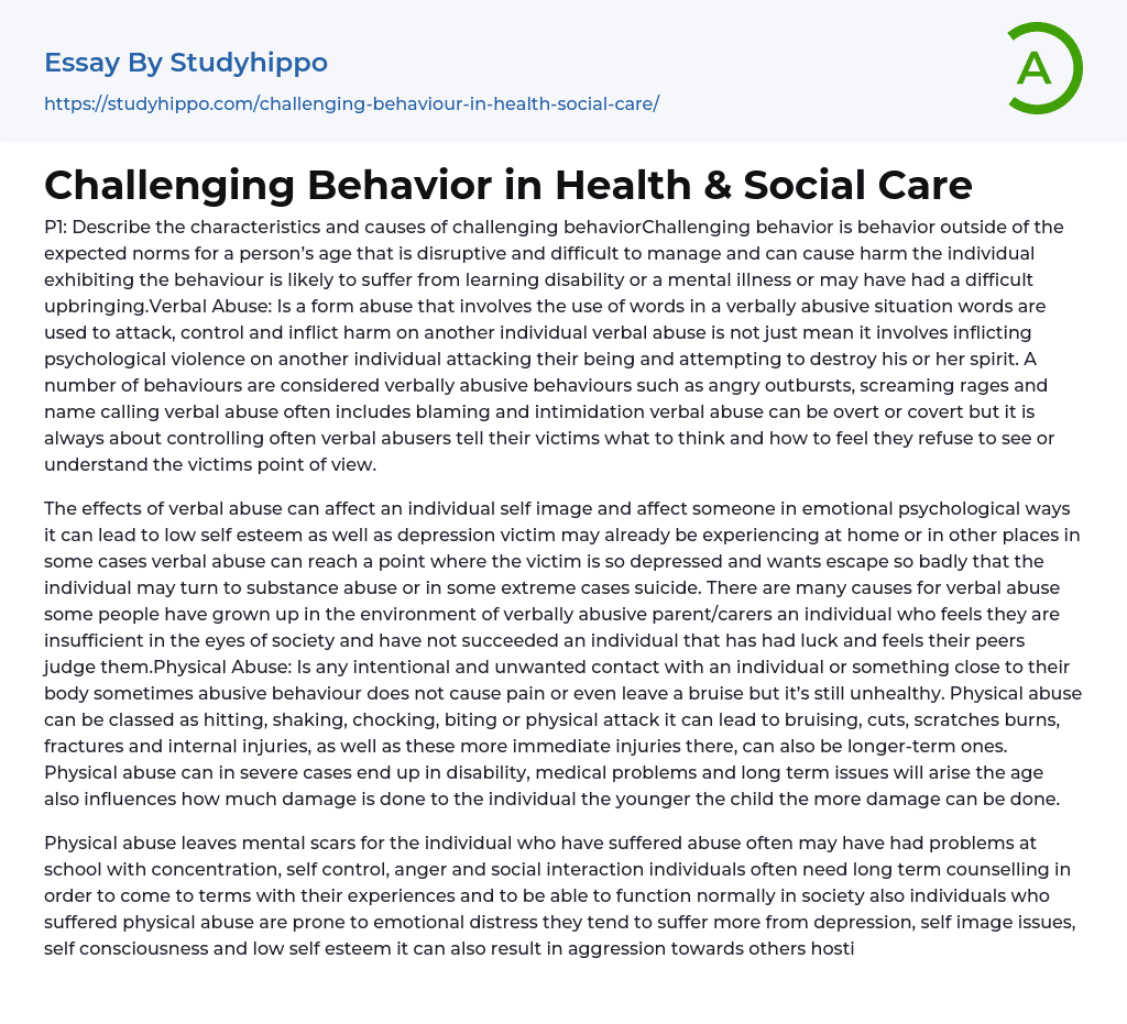 Challenging Behavior in Health & Social Care Essay Example