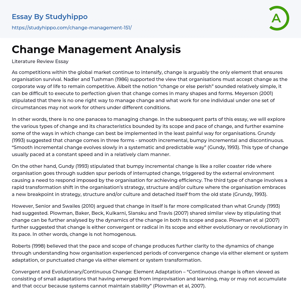 Change Management Analysis Essay Example