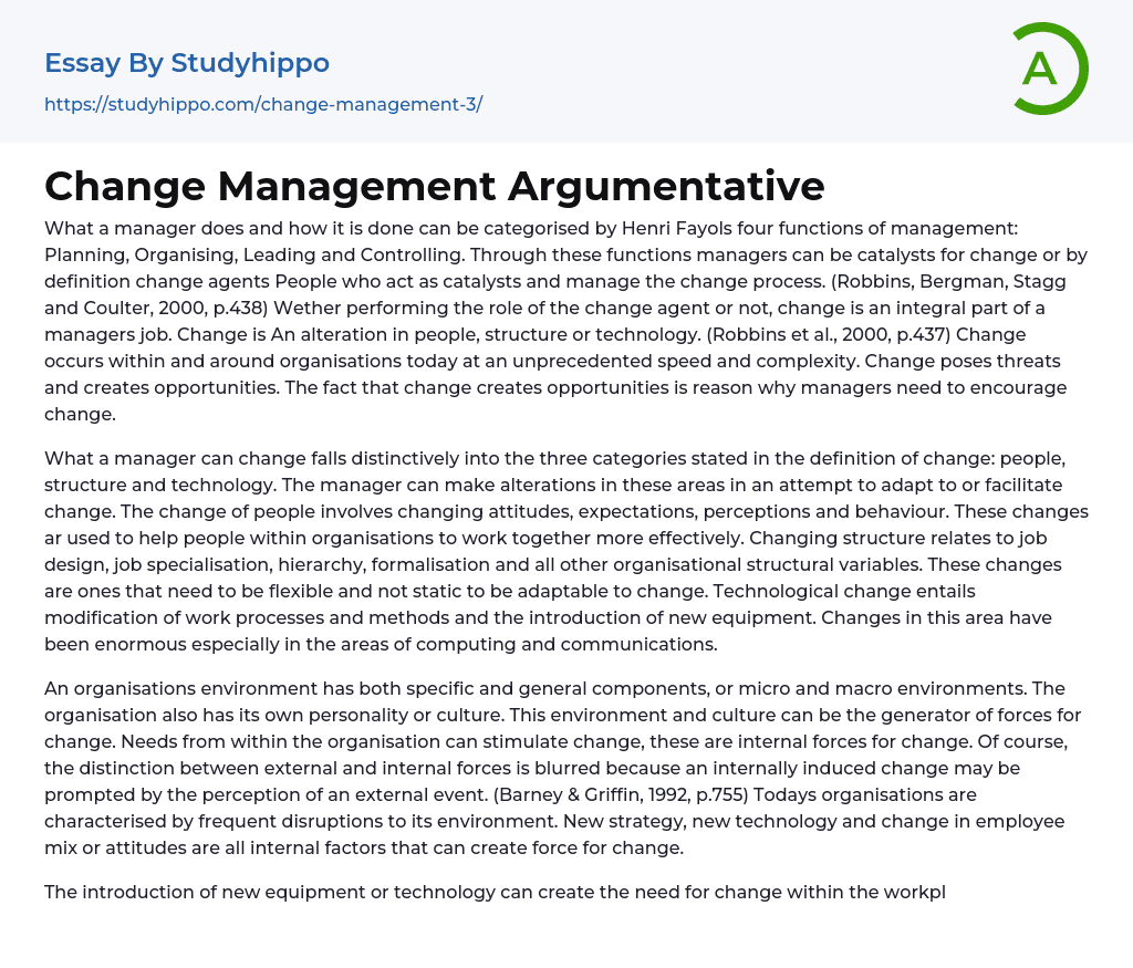 Change Management Argumentative Essay Example