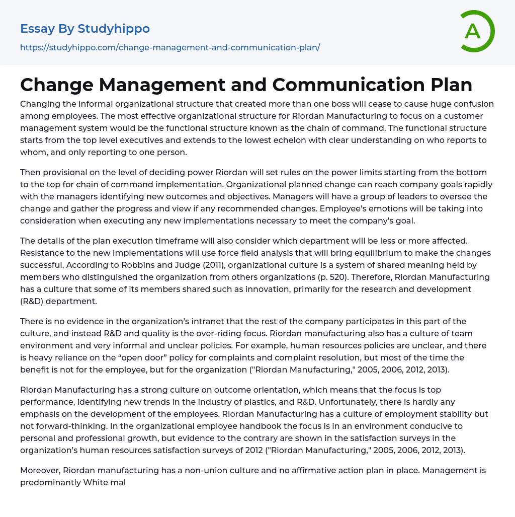 Change Management and Communication Plan Essay Example