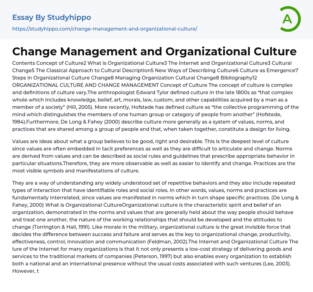 Change Management and Organizational Culture Essay Example