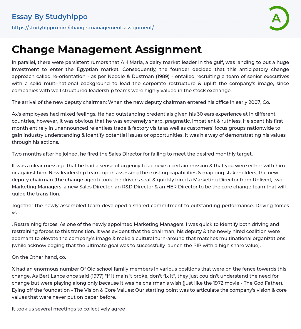Change Management Assignment Essay Example