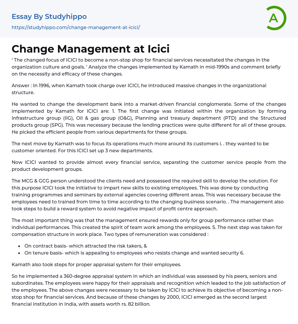 Change Management at Icici Essay Example