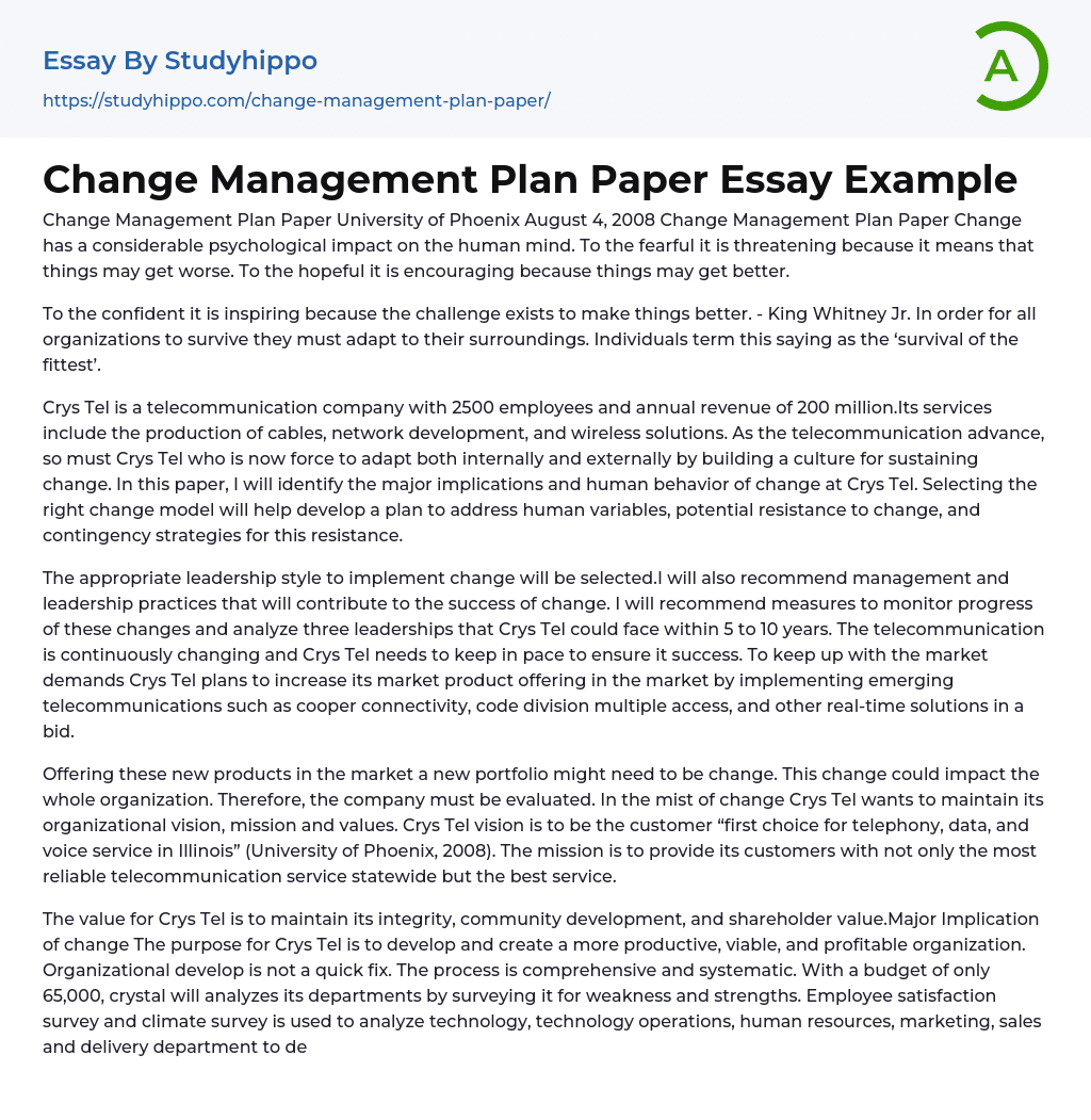 Change Management Plan Paper Essay Example