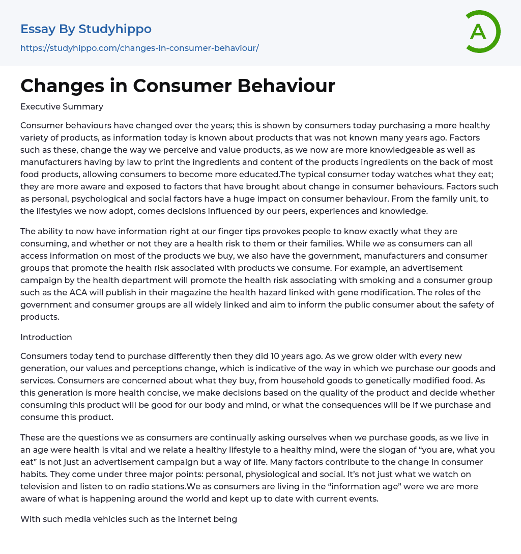 Changes in Consumer Behaviour Essay Example