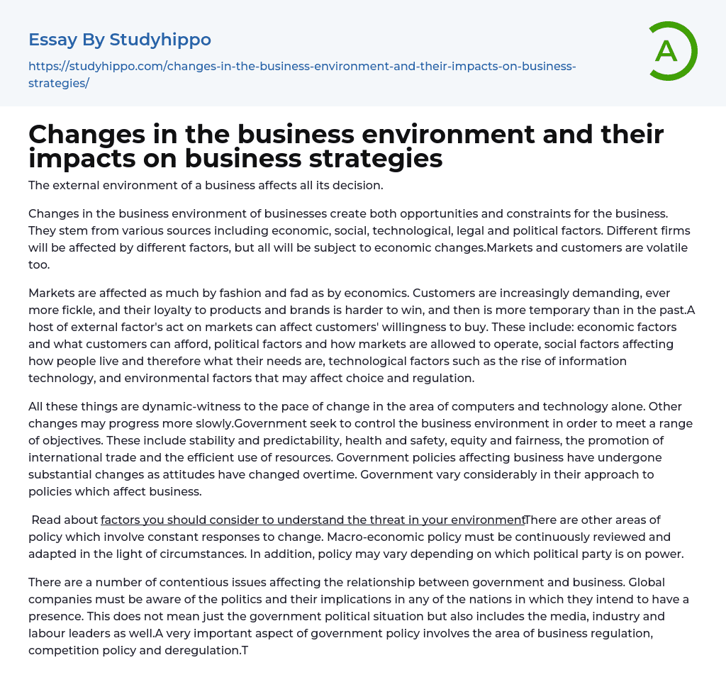 Changes in the business environment and their impacts on business strategies Essay Example