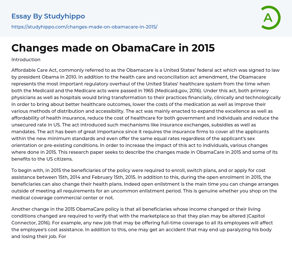Changes made on ObamaCare in 2015 Essay Example