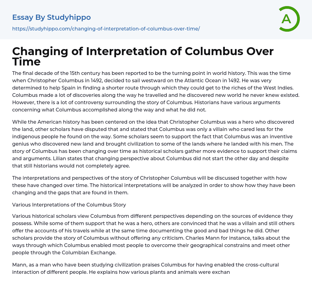 Changing of Interpretation of Columbus Over Time Essay Example
