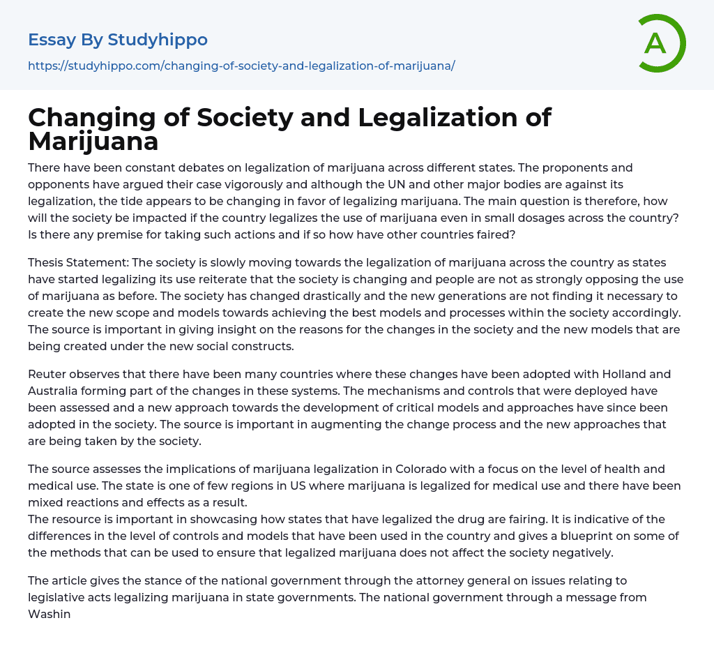 Changing of Society and Legalization of Marijuana Essay Example