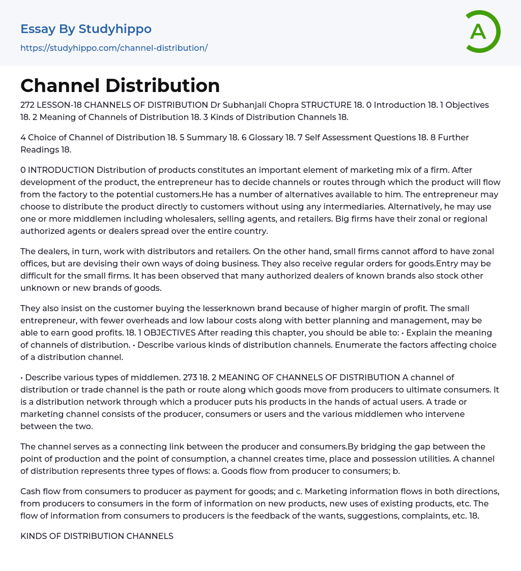 Channel Distribution Essay Example