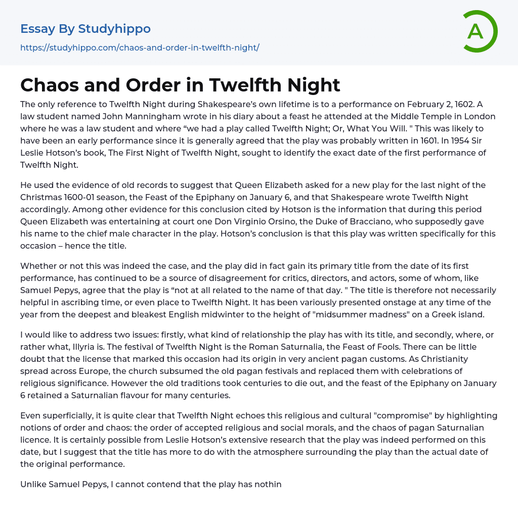Chaos and Order in Twelfth Night Essay Example