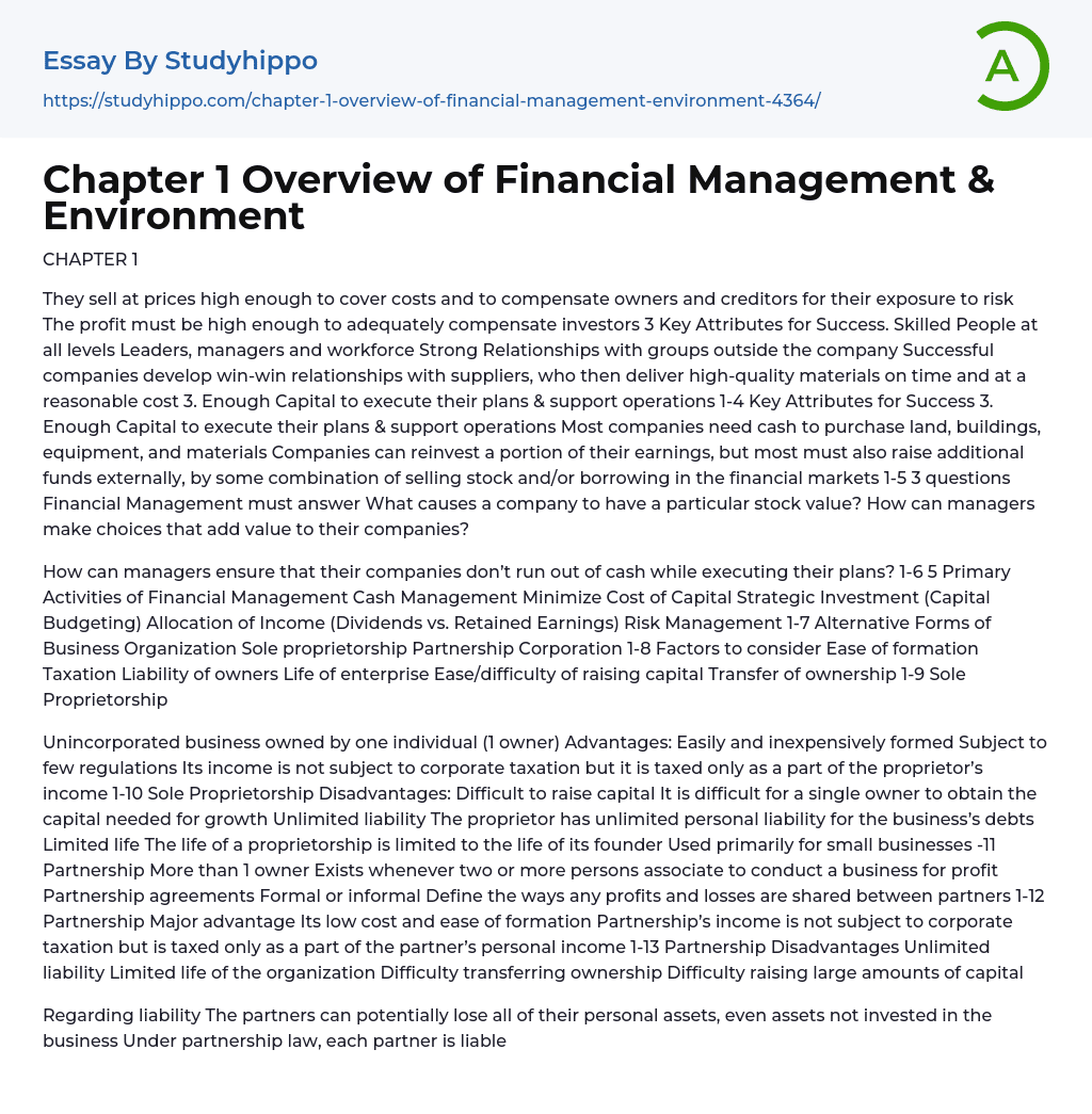 Chapter 1 Overview of Financial Management & Environment Essay Example