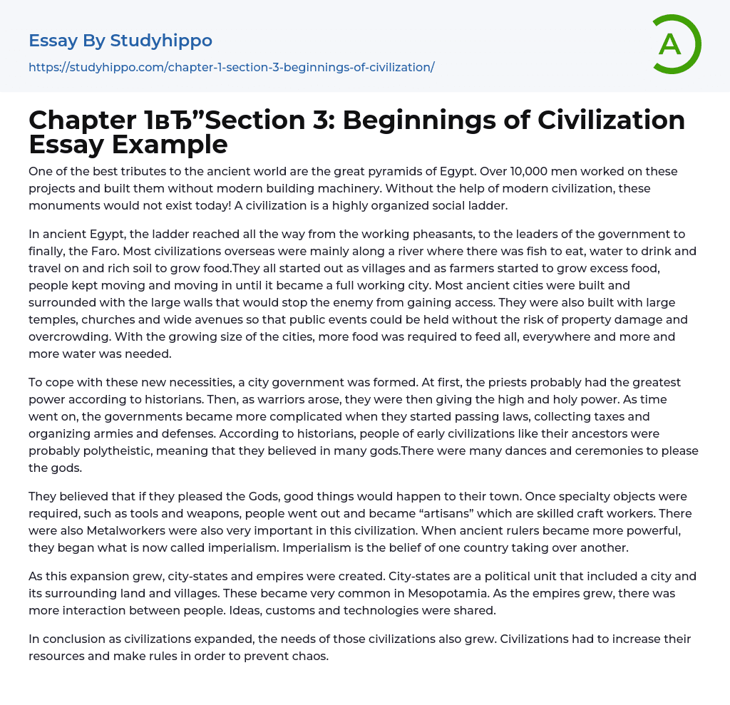Chapter 1??”Section 3: Beginnings of Civilization Essay Example