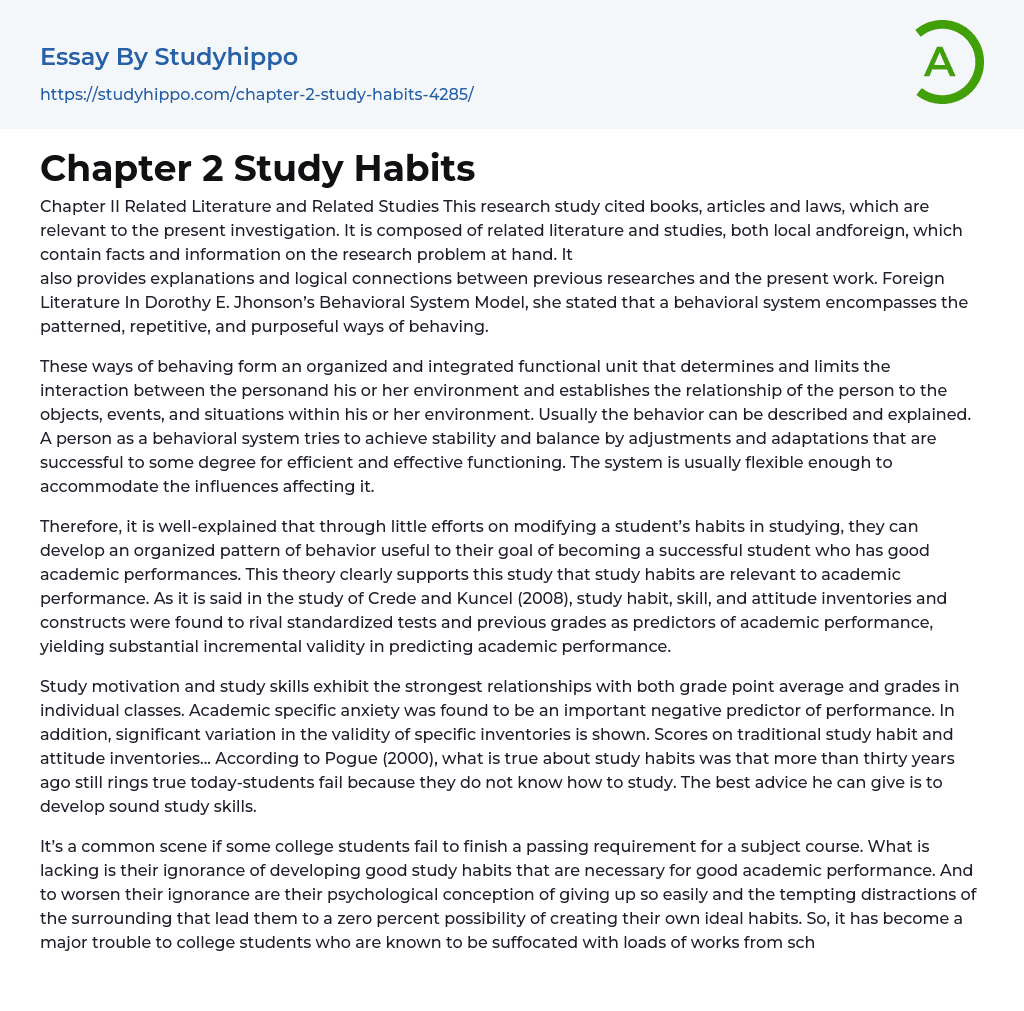 Chapter 2 Study Habits Essay Example