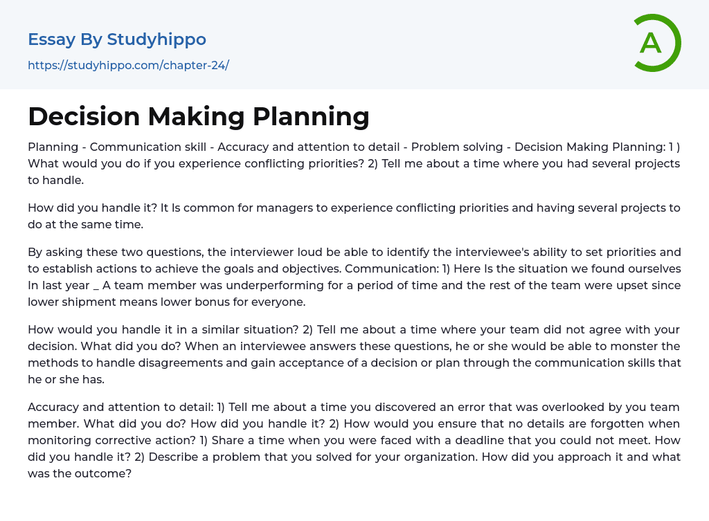 Decision Making Planning Essay Example