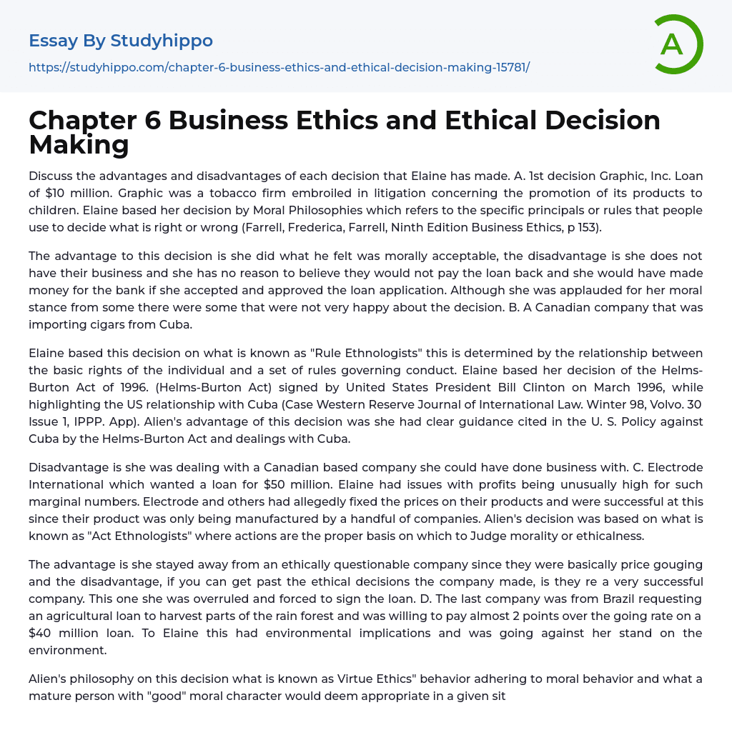Chapter 6 Business Ethics and Ethical Decision Making Essay Example
