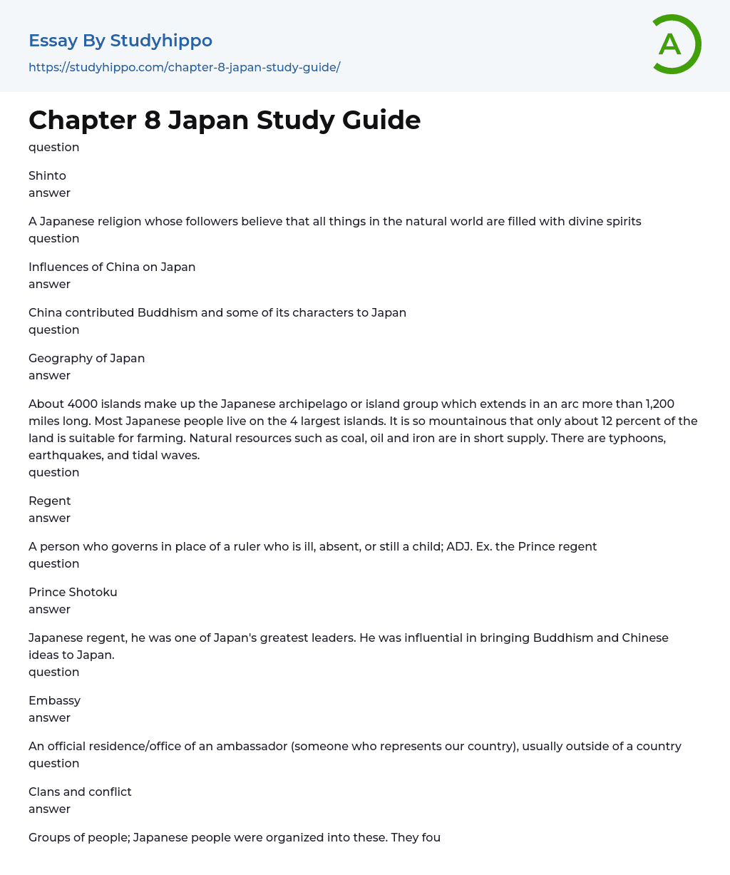 Chapter 8 Japan Study Guide Essay Example
