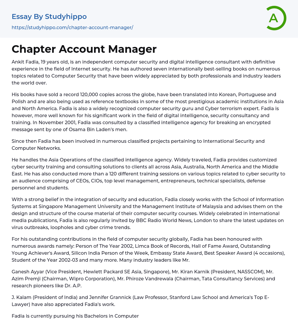 Chapter Account Manager Essay Example