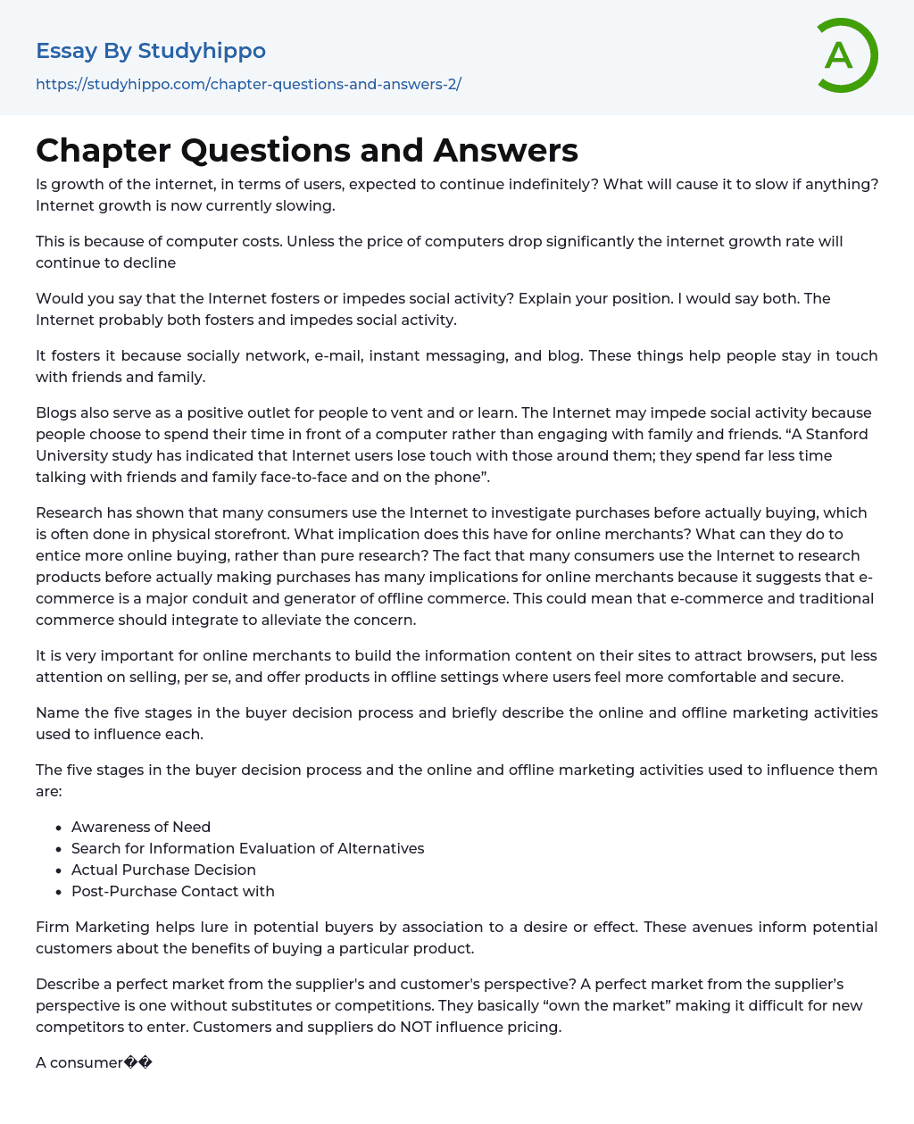 Chapter Questions and Answers Essay Example