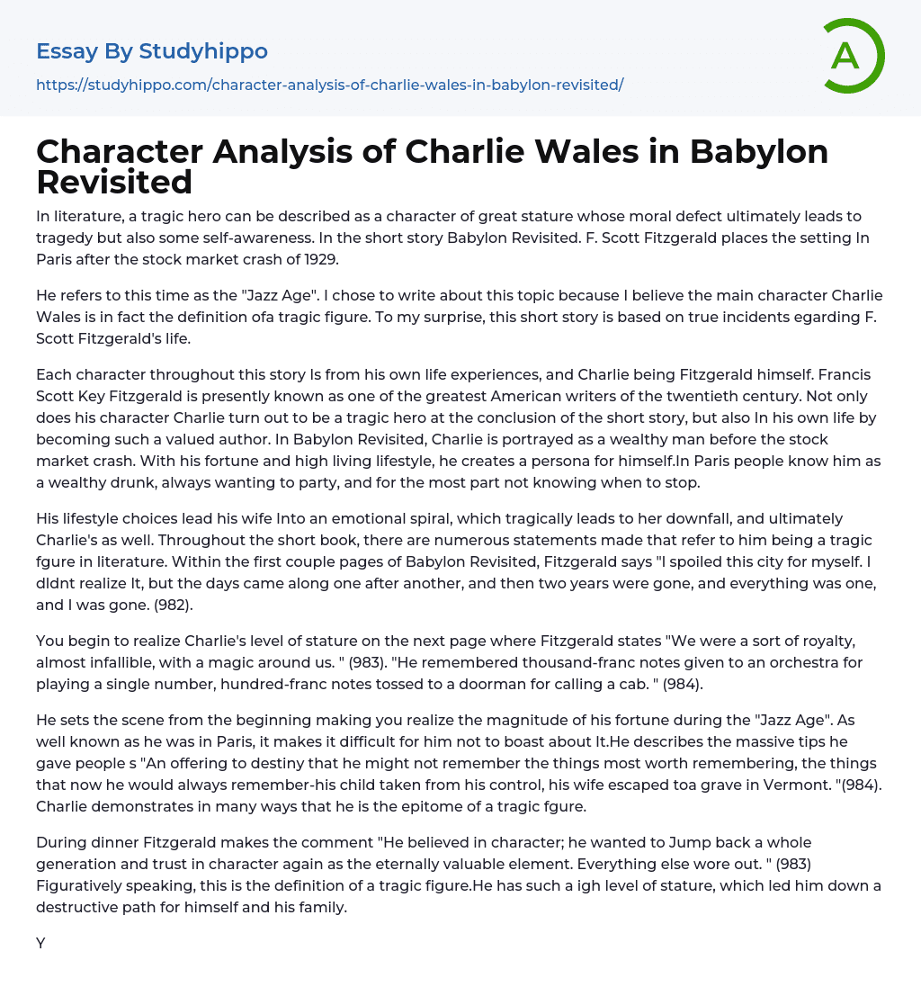 Character Analysis of Charlie Wales in Babylon Revisited Essay Example