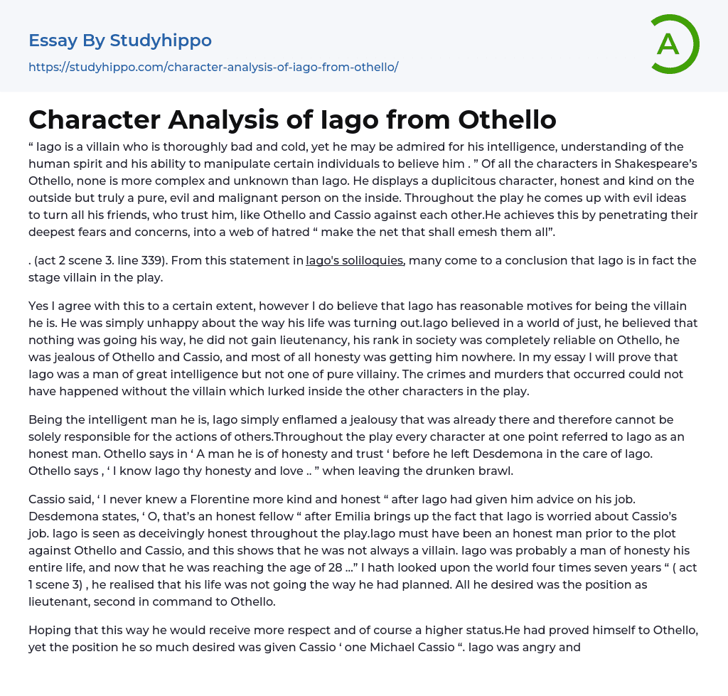 Character Analysis of Iago from Othello Essay Example