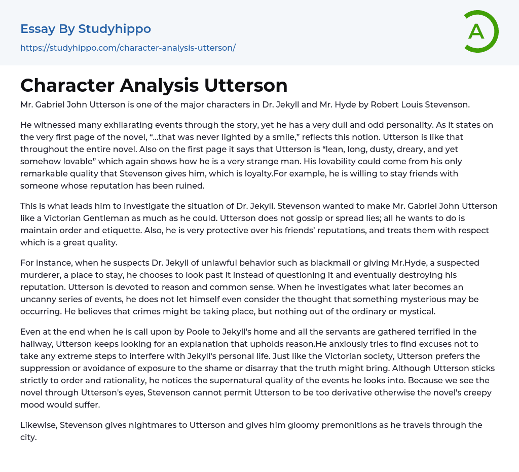 Character Analysis Utterson Essay Example