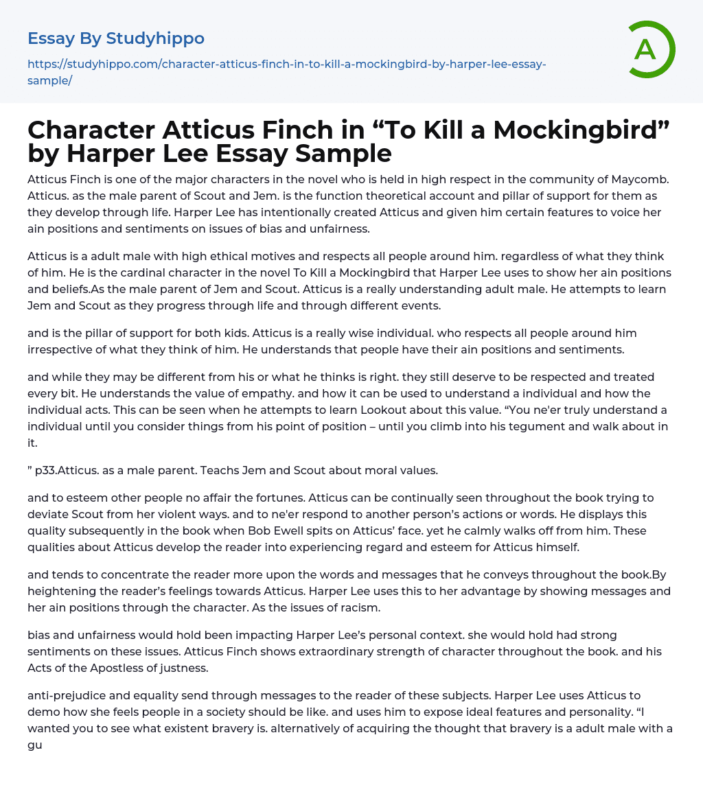 Character Atticus Finch in “To Kill a Mockingbird” by Harper Lee Essay Sample
