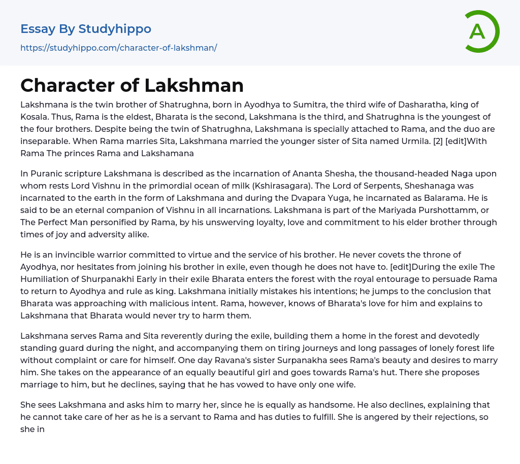 Character of Lakshman Essay Example