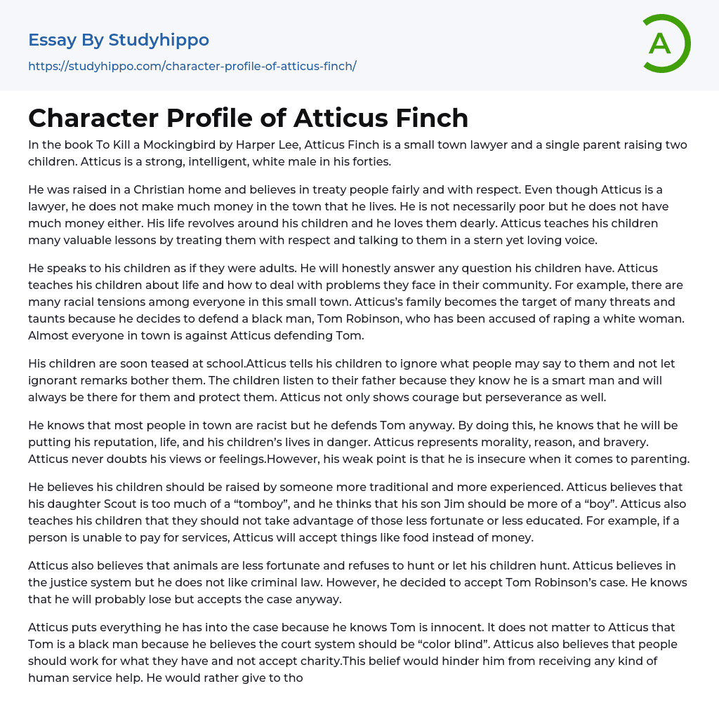 Character Profile of Atticus Finch Essay Example