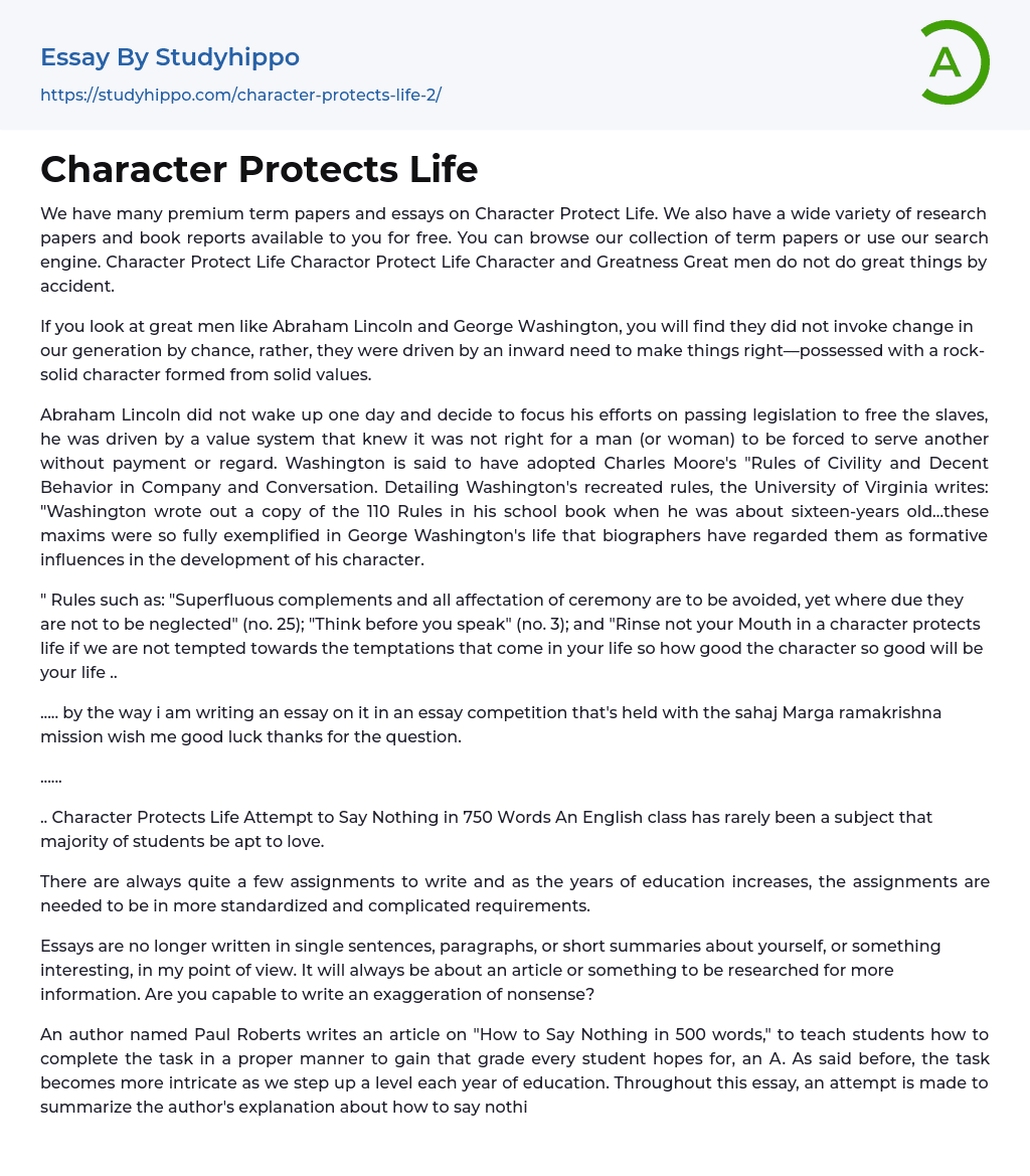 Character Protects Life Essay Example