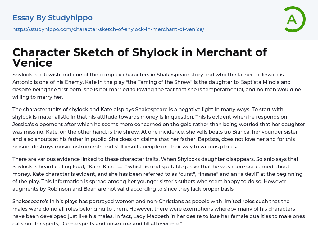 Character Sketch of Shylock in Merchant of Venice Essay Example