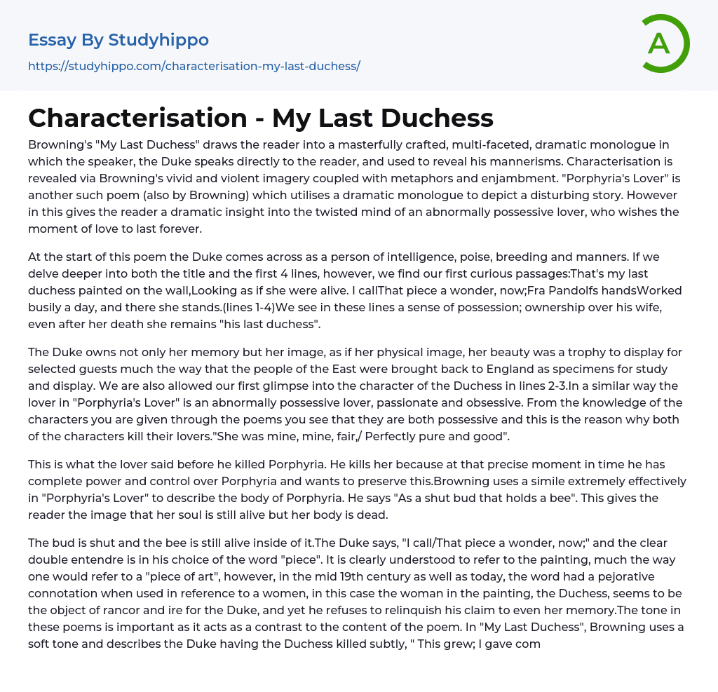 Characterisation – My Last Duchess Essay Example
