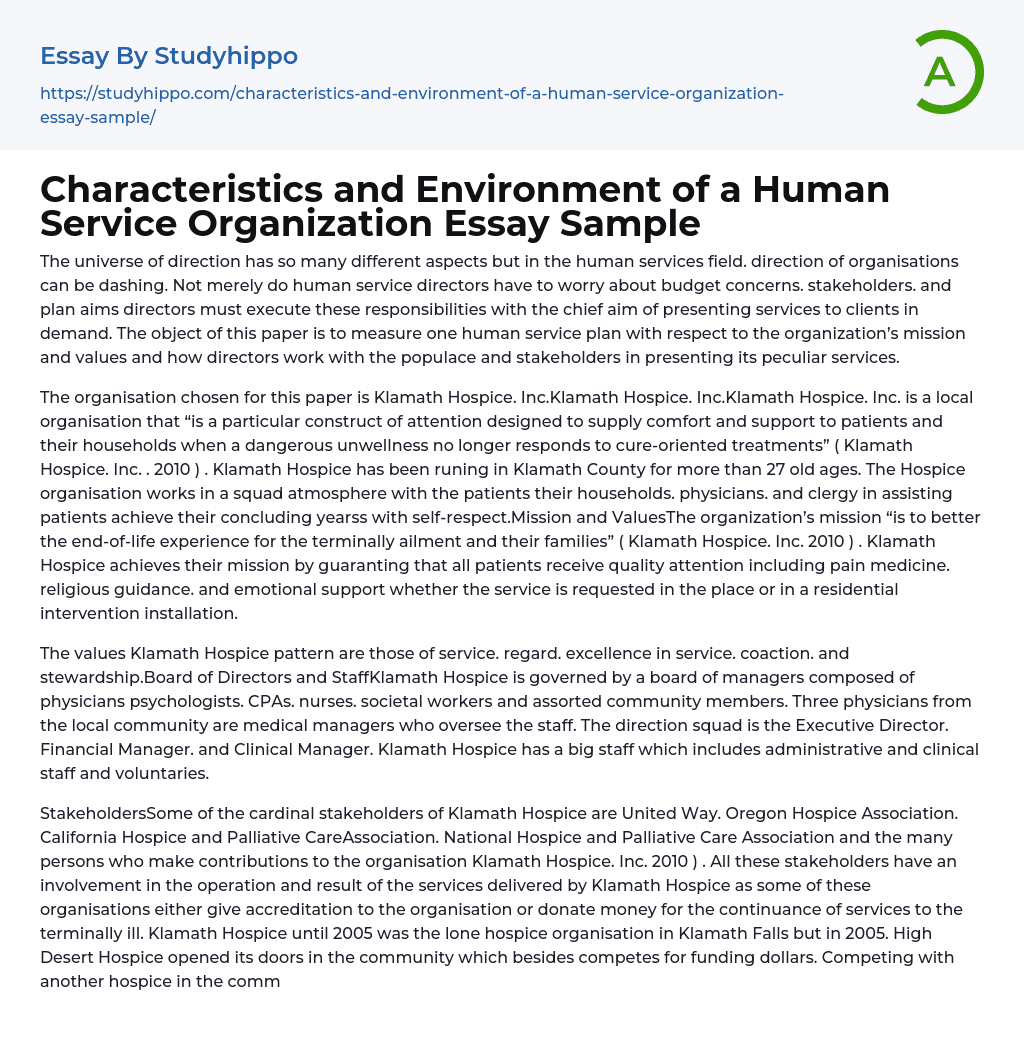 Characteristics and Environment of a Human Service Organization Essay Sample