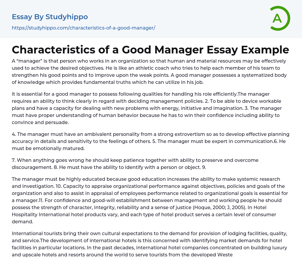 Characteristics of a Good Manager Essay Example
