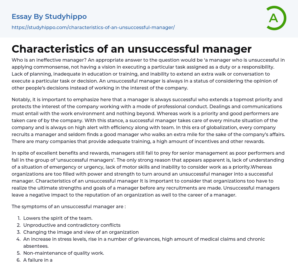 Characteristics of an unsuccessful manager Essay Example