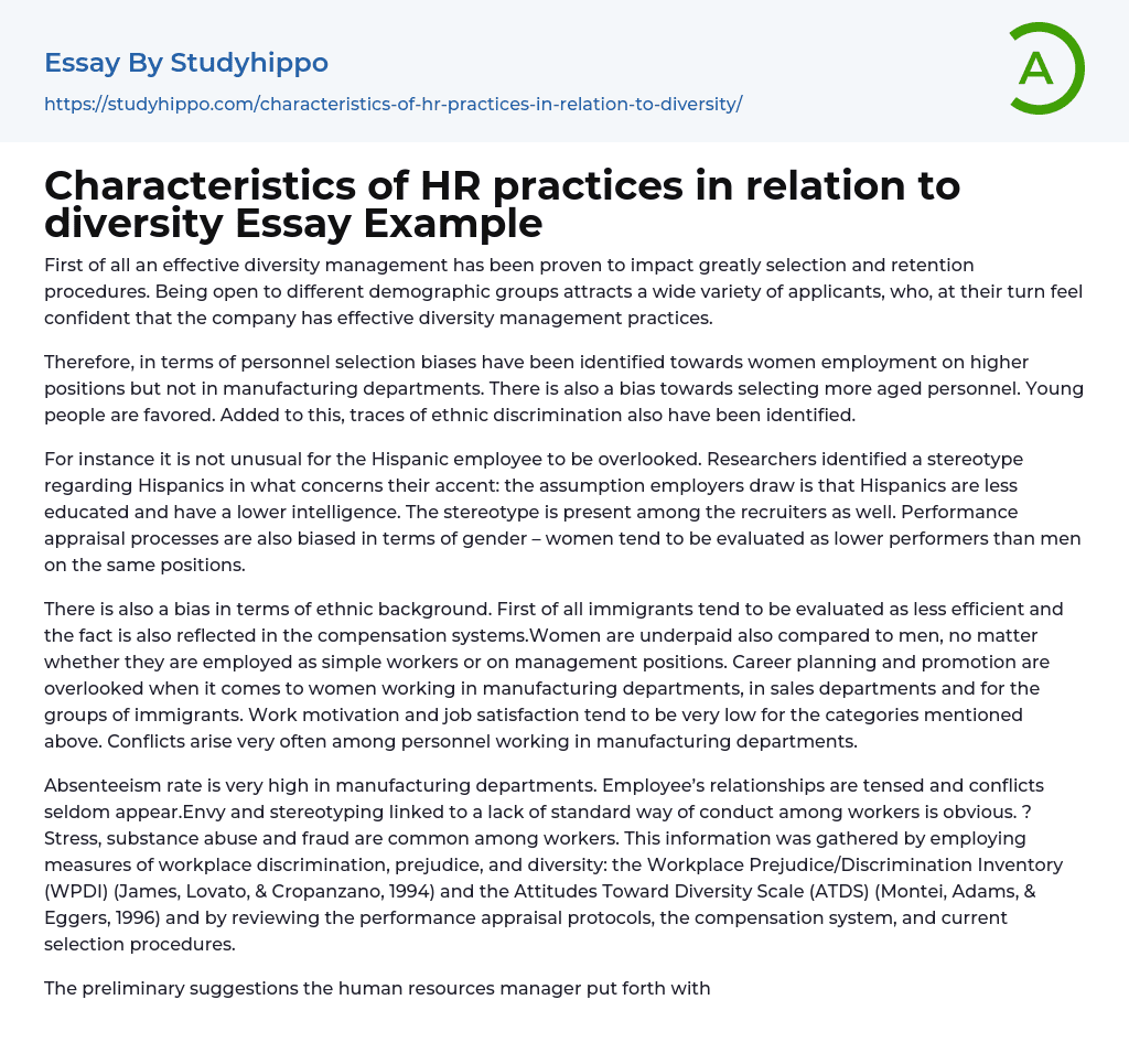 Characteristics of HR practices in relation to diversity Essay Example