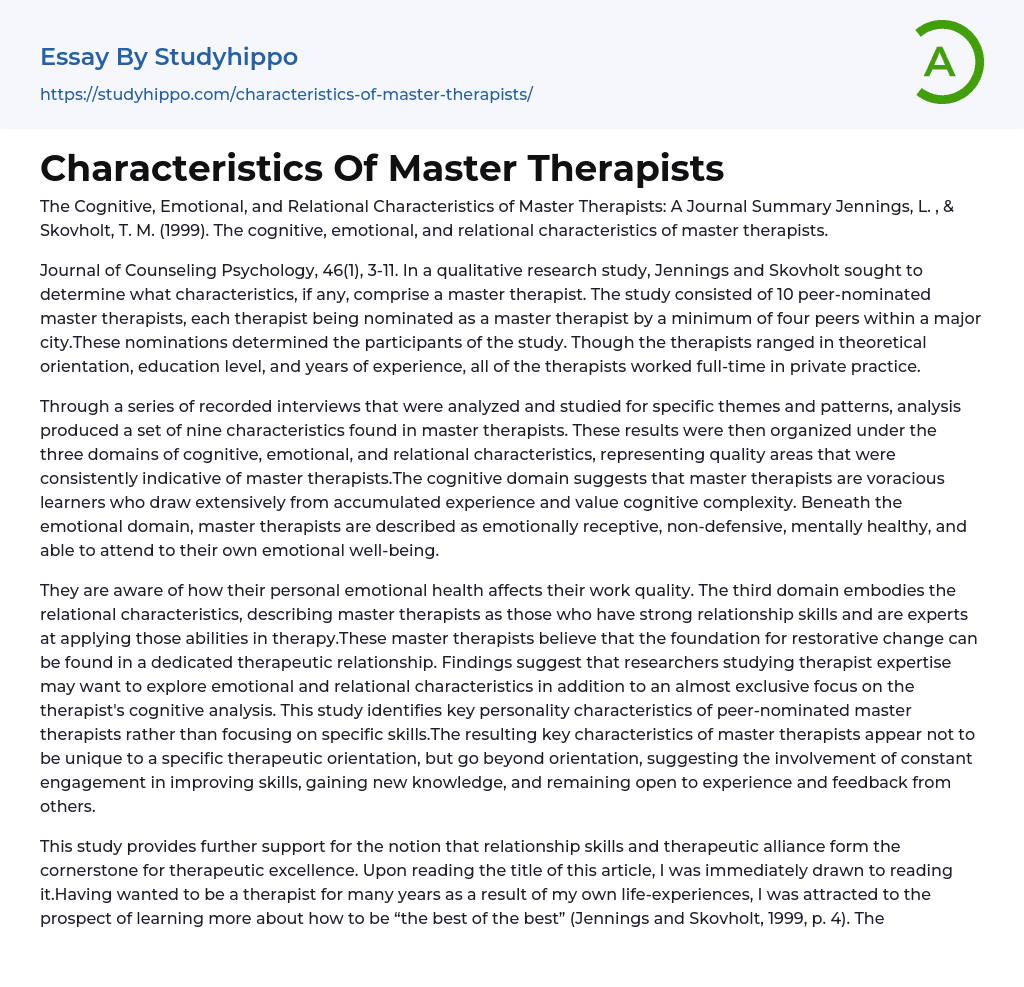 Characteristics Of Master Therapists Essay Example