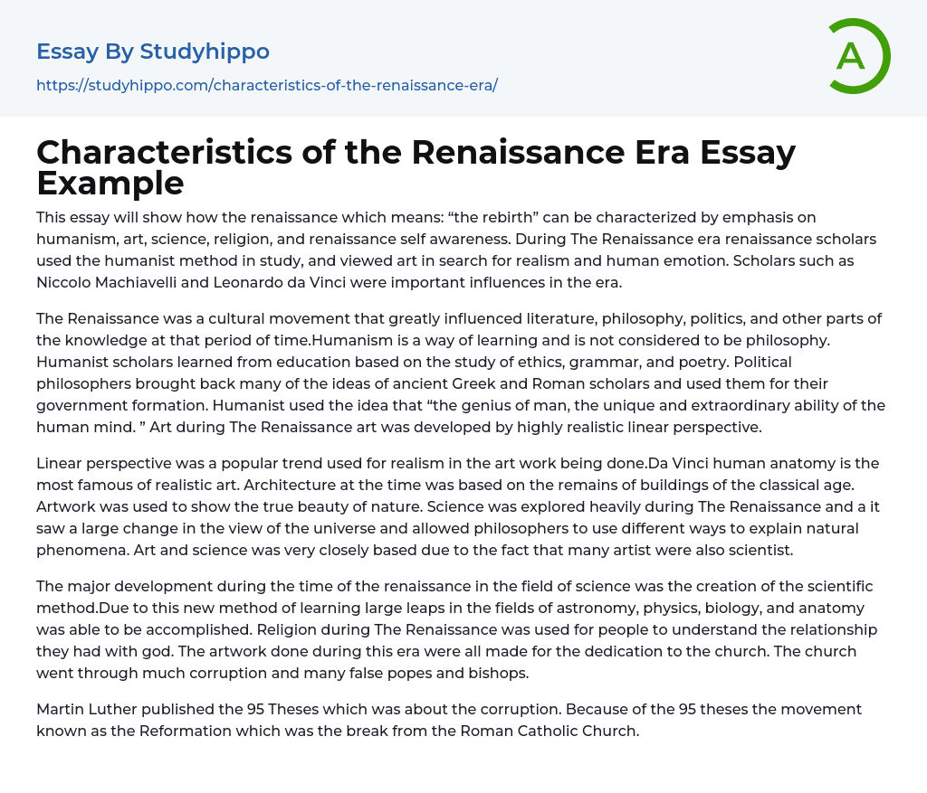Characteristics of the Renaissance Era Essay Example