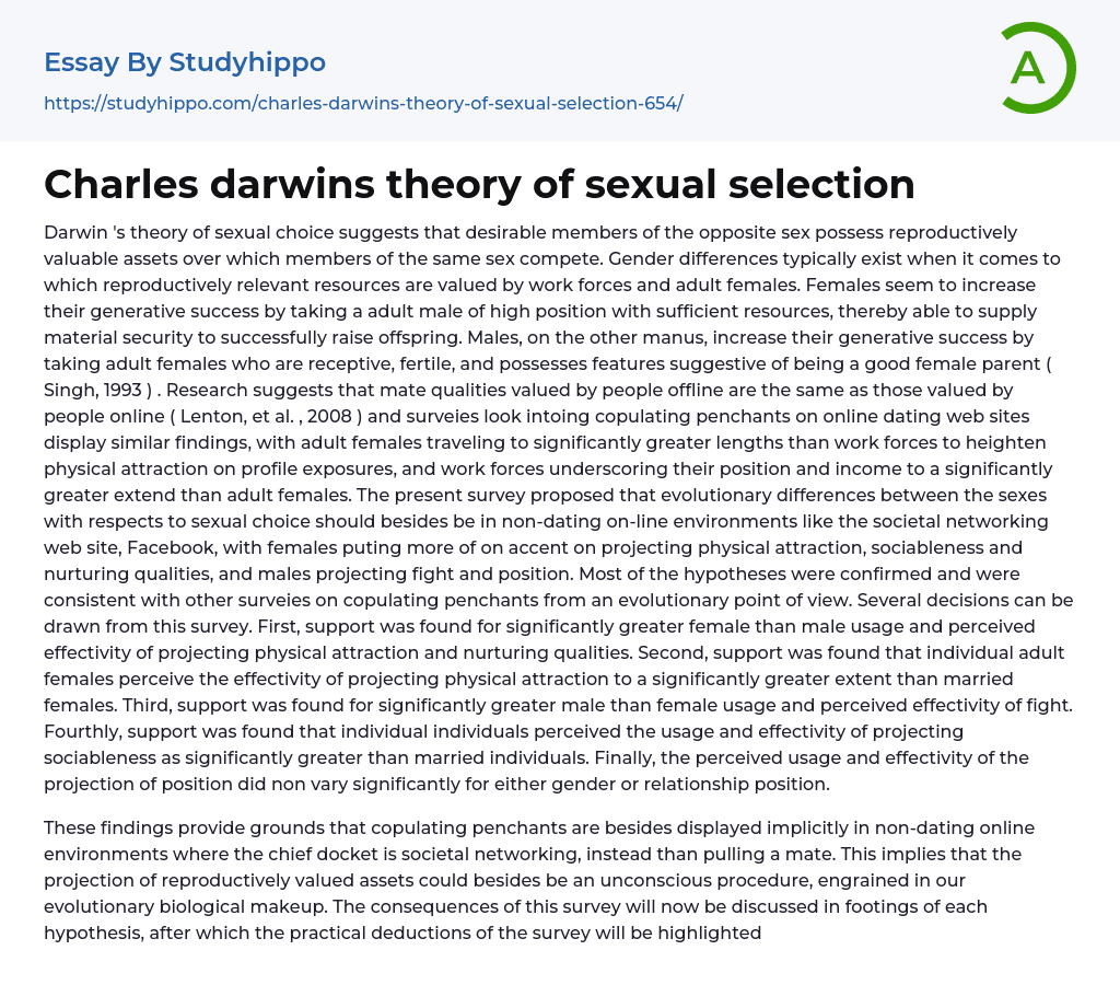 Charles darwins theory of sexual selection Essay Example