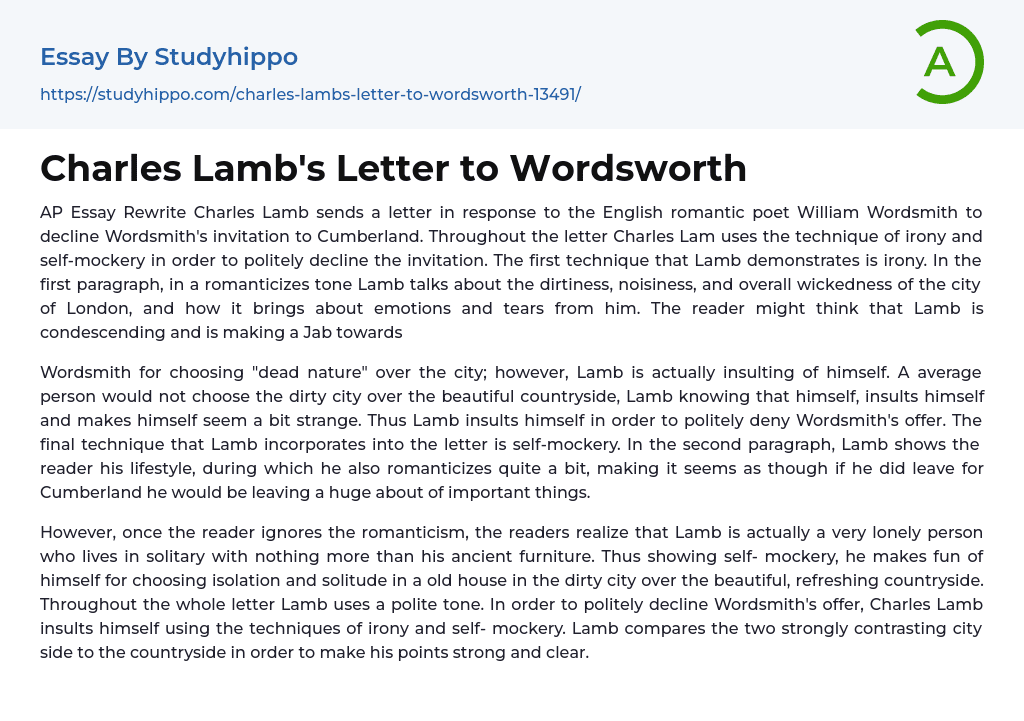 Charles Lamb’s Letter to Wordsworth Essay Example