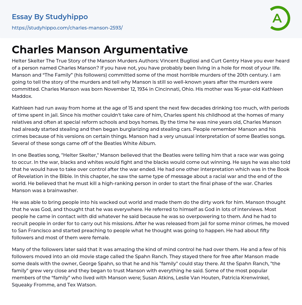 Charles Manson Argumentative Essay Example