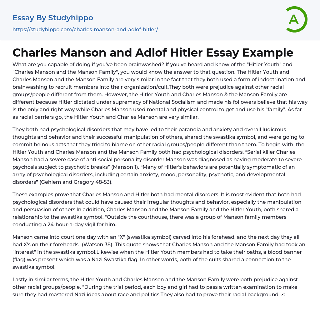Charles Manson and Adlof Hitler Essay Example