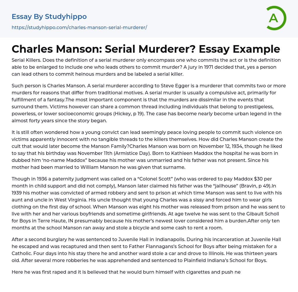 Charles Manson: Serial Murderer? Essay Example