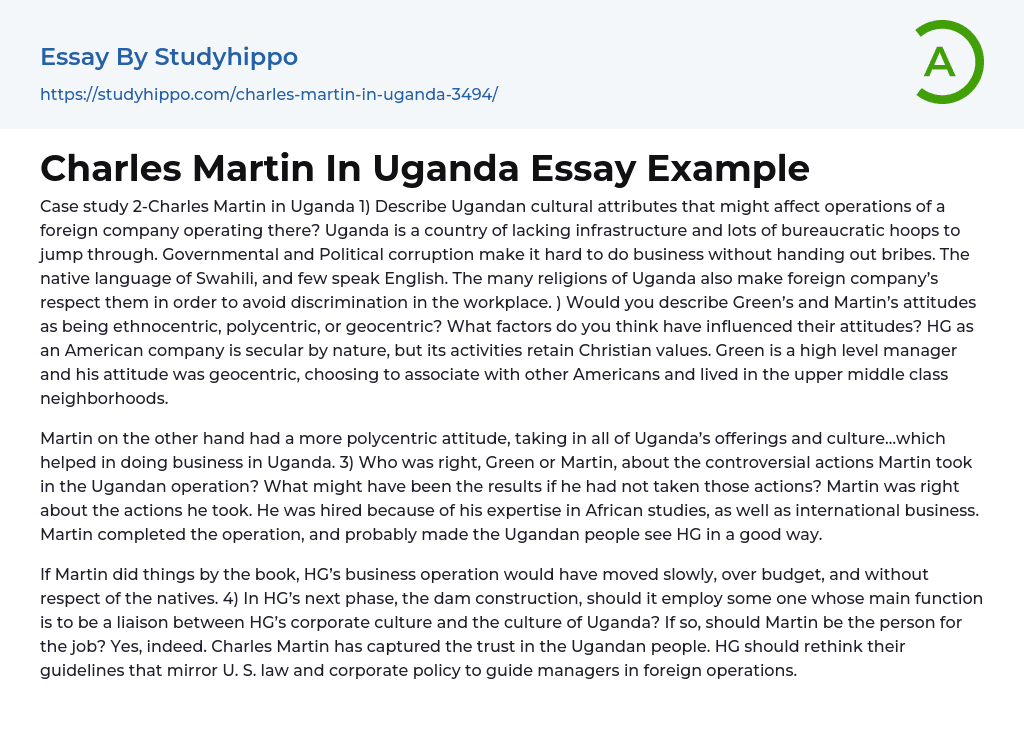 Charles Martin In Uganda Essay Example