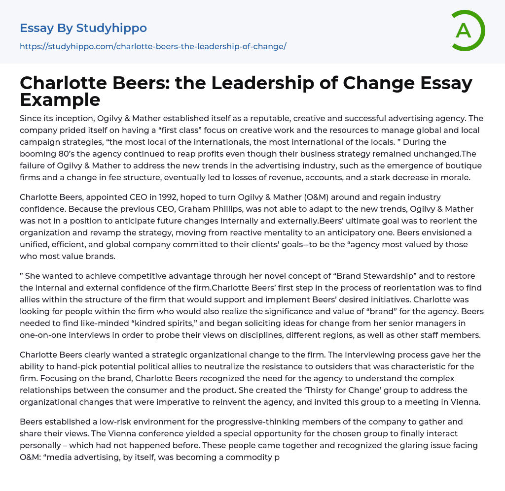 Charlotte Beers: the Leadership of Change Essay Example